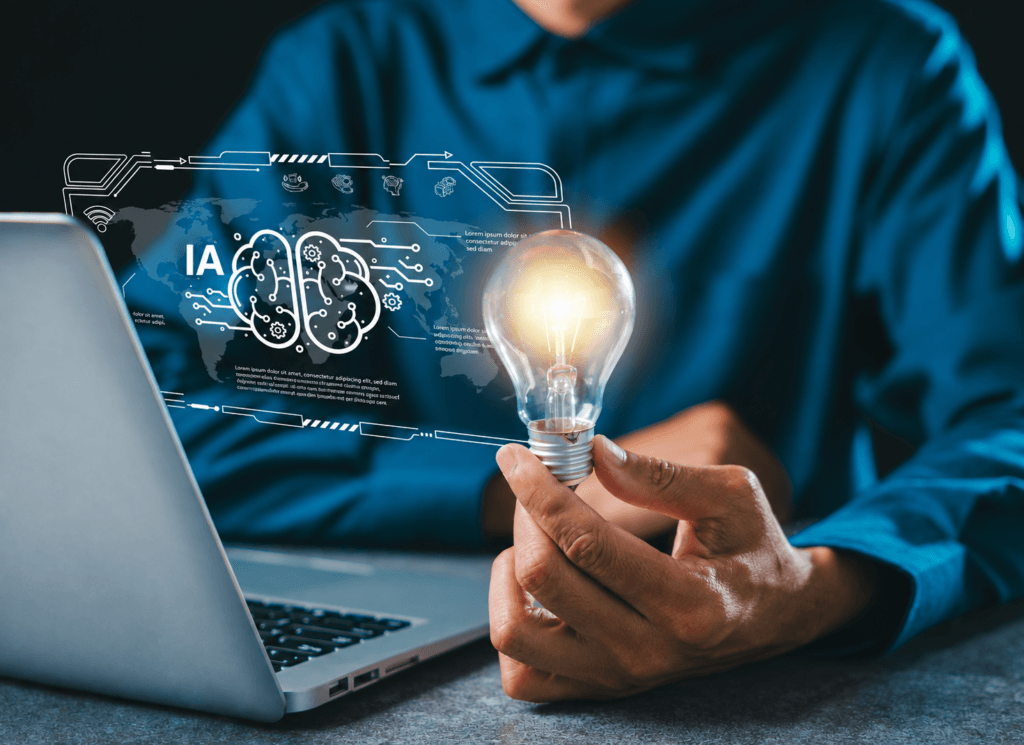 Professionnel travaillant sur ordinateur avec une ampoule éclairée et une interface d'intelligence artificielle symbolisant l'innovation et l'avenir de l'emploi.